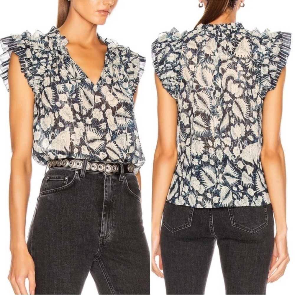 ULLA JOHNSON Dira‎ Top Indigo Metallic Ruffle Size 2 Flutter Sleeve Tassel Tie